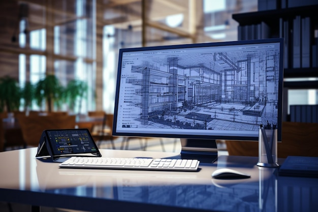 写真 不動産事務所の机のコンピュータモニターのブループリント