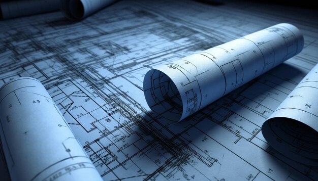 AIによって生成された近代的な住宅プロジェクトの建設計画を概説するブループリント