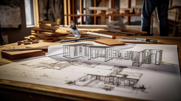 The blueprints of a residence on a worktable during the renovation construction in progress