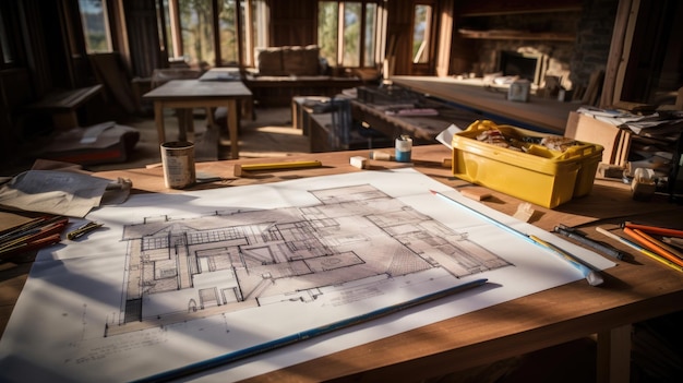 The blueprints of a residence on a worktable during the renovation construction in progress