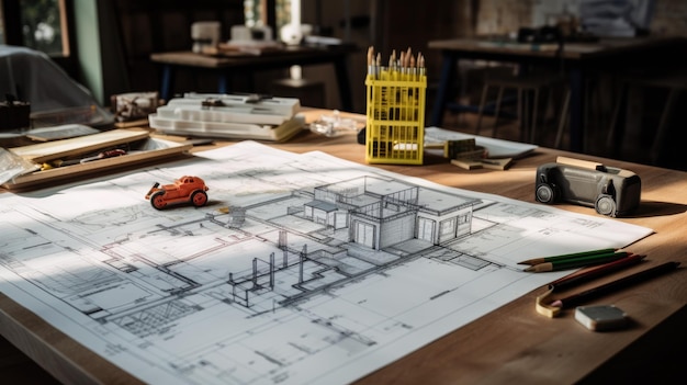 The blueprints of a residence on a worktable during the renovation construction in progress