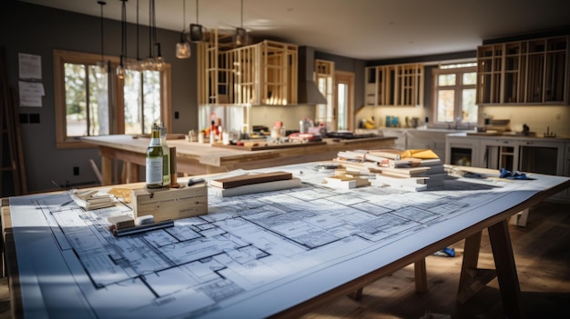 blueprints of a residence on a worktable during the renovation construction