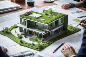 Photo blueprints of sustainable ecohouse amidst architects green design discourse