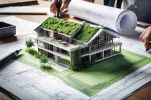 Photo blueprints of sustainable ecohouse amidst architects green design discourse