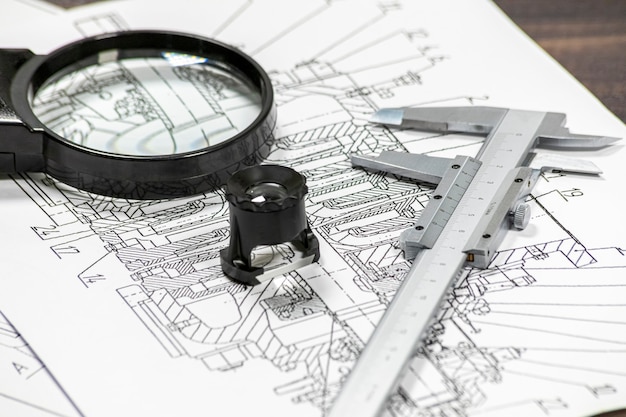 Blueprints on a wooden desk with a magnifying glass