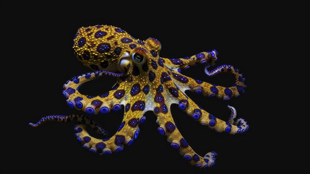 Photo blueringed octopus in the solid black background