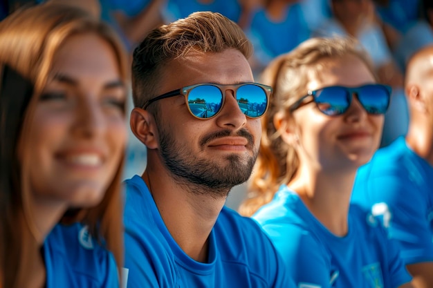 Blueshirted fans juichen in de tribunes bij een live wedstrijd in de fan zone het vangen van de opwinding van het spel door hun gepassioneerde ondersteuning