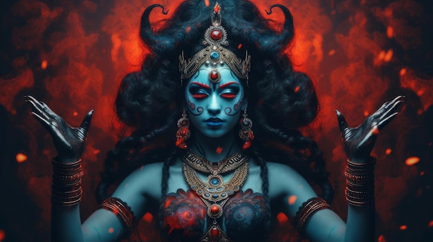 The blueskinned Goddess Kali is the slayer of demons Hinduism