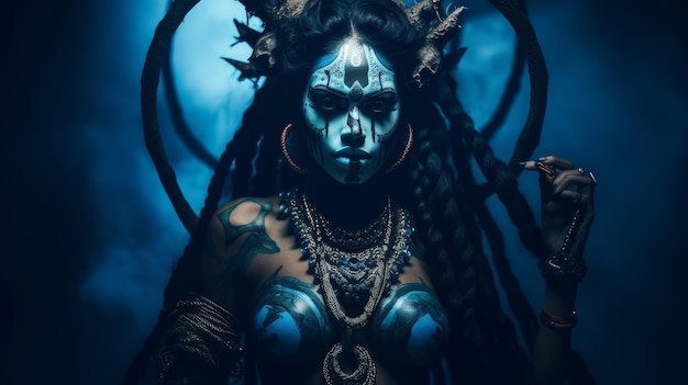 Photo the blueskinned goddess kali is the slayer of demons hinduism