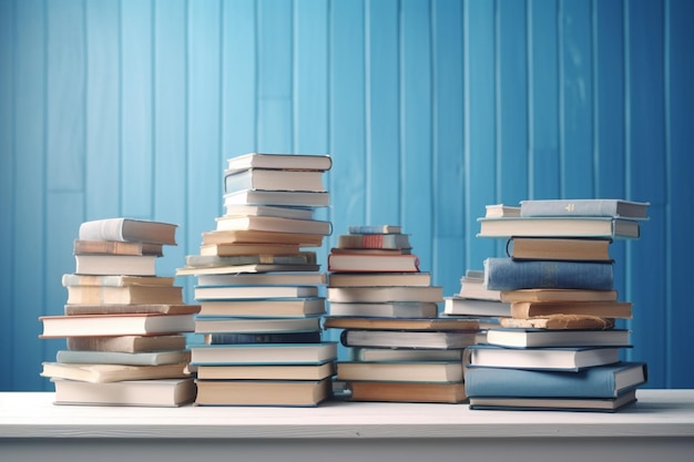 Bluethemed learning Books arranged on wooden table pastel blue background