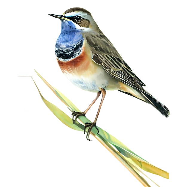 Bluethroat bird on a reed branch isolated on a white background watercolor drawing style