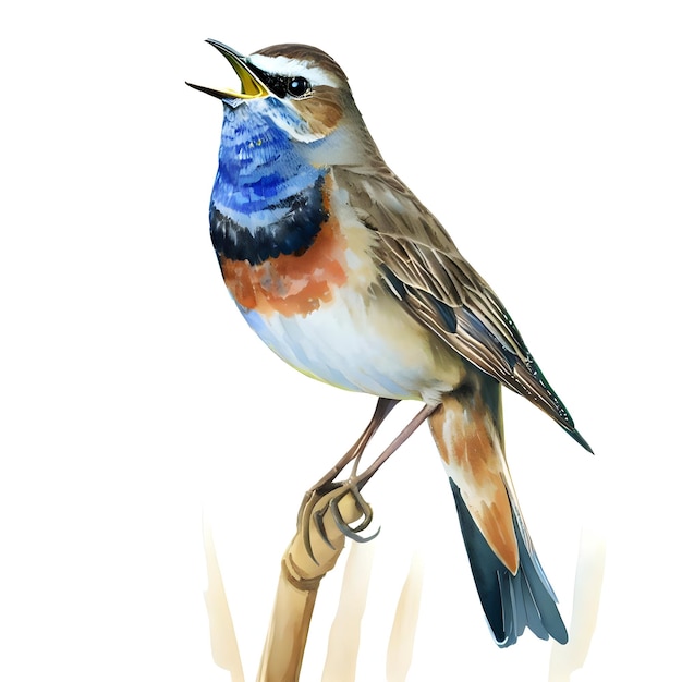 흰색 배경 수채화 그리기 스타일에 고립 된 갈대에 Bluethroat 새