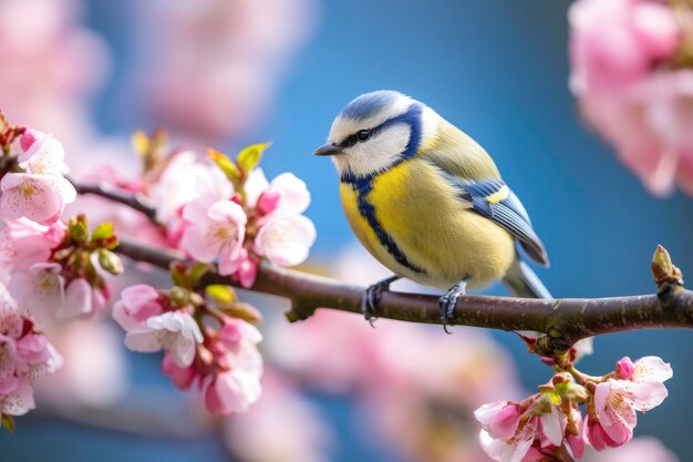 Foto un uccello bluetit che si poggia sul ramo di un albero