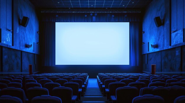 Bluetoned empty cinema with a white blank screen ready for the next movie premiere