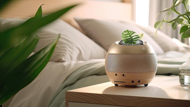 Photo bluetooth speaker on the bedside table