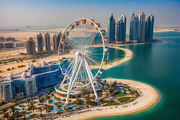 Foto bluewaters eiland en ain dubai reuzenwiel in dubai verenigde arabische emiraten luchtbeeld nieuw recreatie- en woonwijk in dubai marina gebied