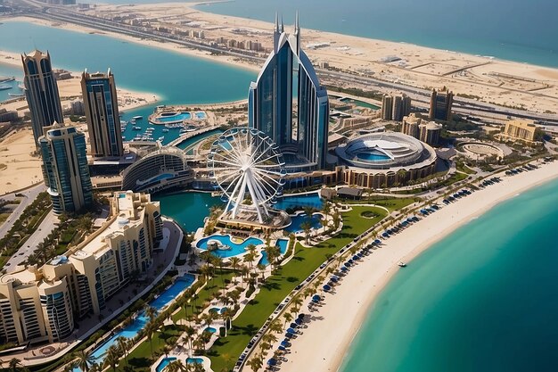 Bluewaters eiland en Ain Dubai reuzenwiel in Dubai Verenigde Arabische Emiraten luchtbeeld Nieuw recreatie- en woonwijk in Dubai marina gebied