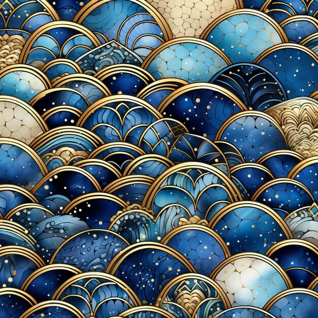 Bluish Sea Waves Pattern With Stars And Gold Ornamentation