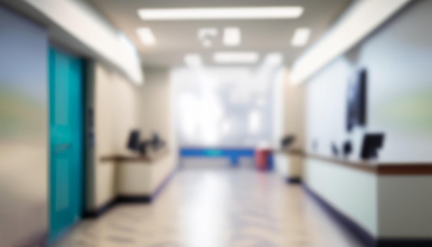 Photo blur abstract background of corridor in clean hospital defocus walkway in white light building hall