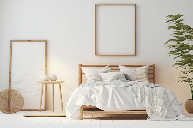 Photo blur backdrop frame mockup closeup of contemporary scandinavian timber bedroom