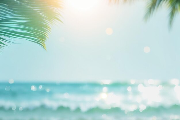 Photo blur beautiful nature green palm leaf on tropical beach with bokeh sun light wave abstract background copy space of summer vacation and business travel concept vintage tone filter effect color style
