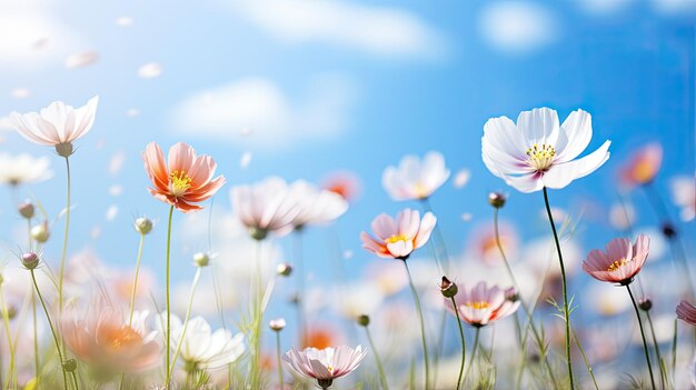 Blur bokeh lente bloem veld landschap op heldere zonnige blauwe hemeldag