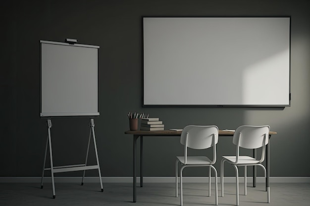 Blur Class room chair and table with white board and projector screen