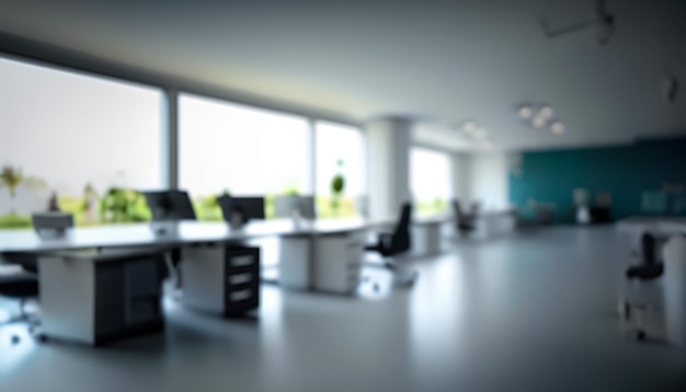 Photo blur focus of white open space office interior can be used as background