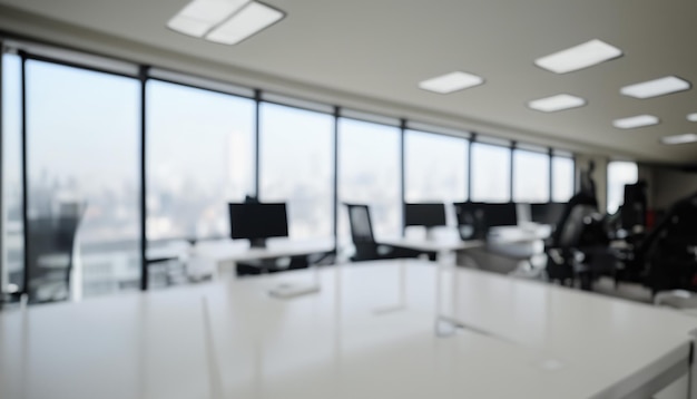 Photo blur focus of white open space office interior can be used as background