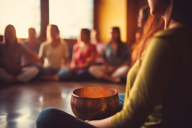 Photo blur group of individuals seating in the sukhasana pose collective practice focus on tibetan bowl