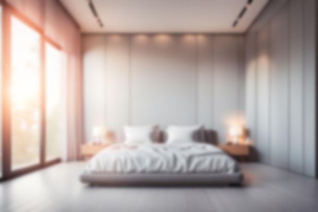 Blur image of bed room with furniture at home with sunlight for background usage