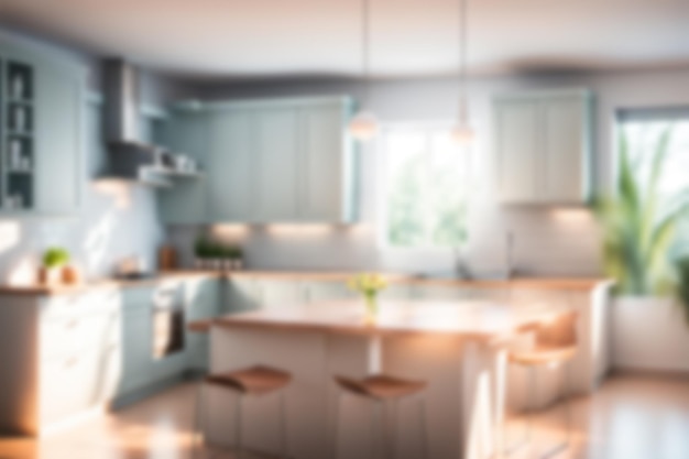 Размытое изображение кухонной комнаты с мебелью в доме с солнечным светом для фона размытого интерьера