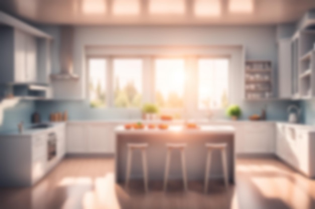 Blur image of kitchen room with furniture at home with sunlight for background usage