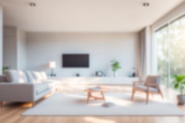 Размытое изображение гостиной с мебелью в доме с солнечным светом размытое внутреннее фоновое понятие