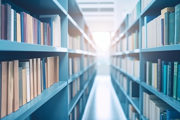 Foto immagine sfocata della libreria di immagini sullo sfondo blu scaffali per libri nell'armadio in file cabinet a file pari