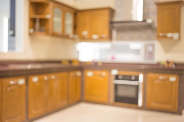 blur kitchen room interior of background product display template