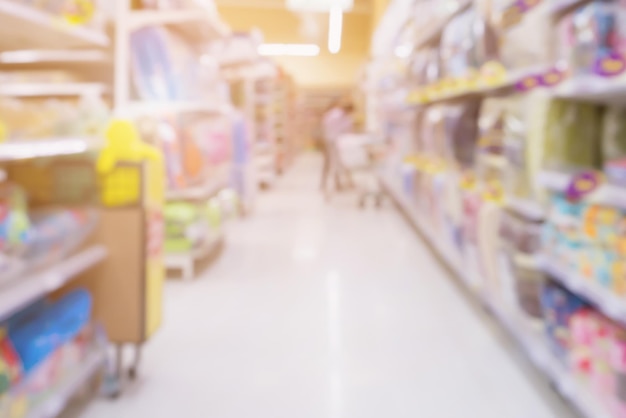 Blur supermarket aisle with customers defocused background