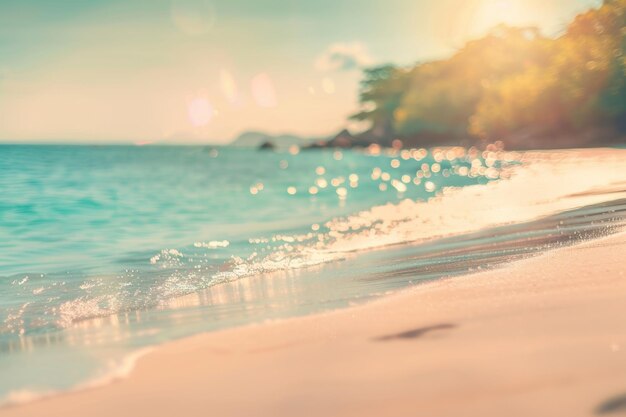 Blur tropical beach with bokeh sun light wave background Vintage summer concept