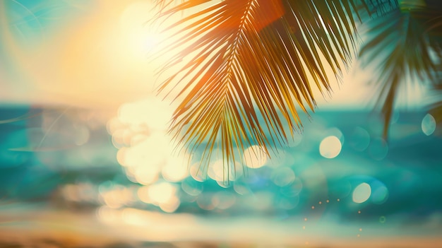 Blur tropisch strand met palmblad bokeh zonlicht golf abstracte achtergrond