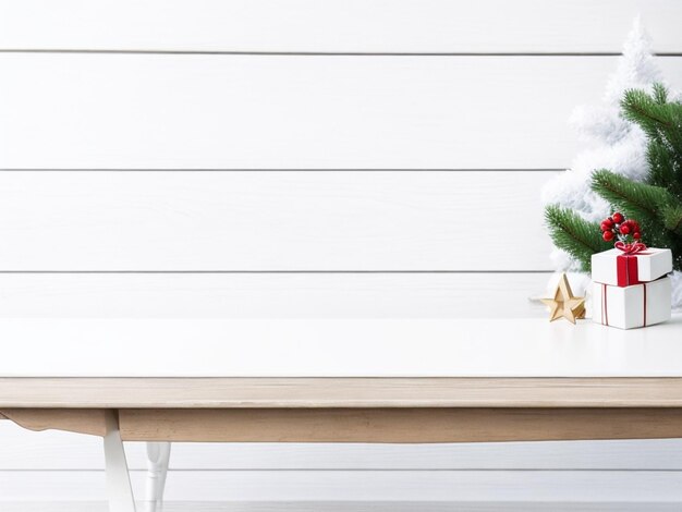 Blur white wooden table looking out to a christmas background