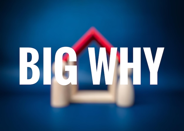 BIG WHY という言葉で木製の人形と木造の家をぼかし