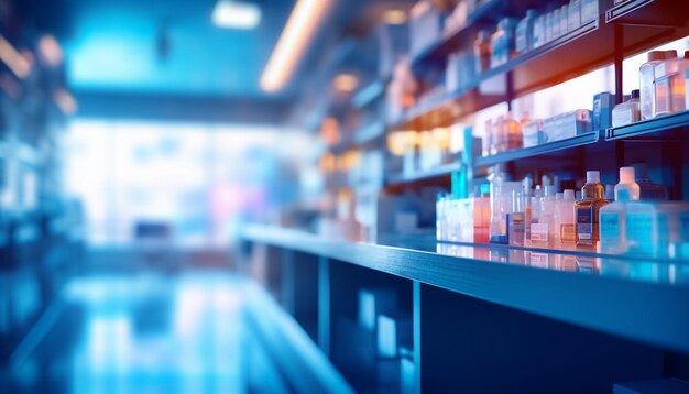 The blurred abstract background of the pharmacy