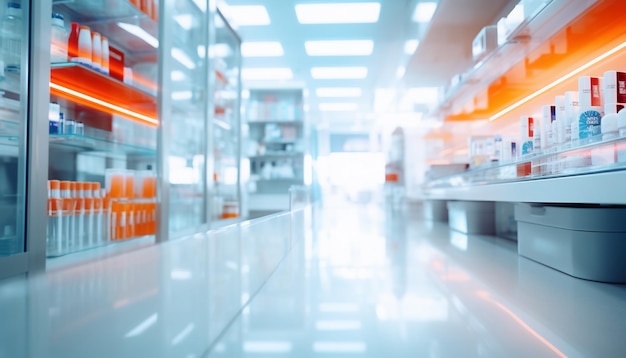 The blurred abstract background of the pharmacy