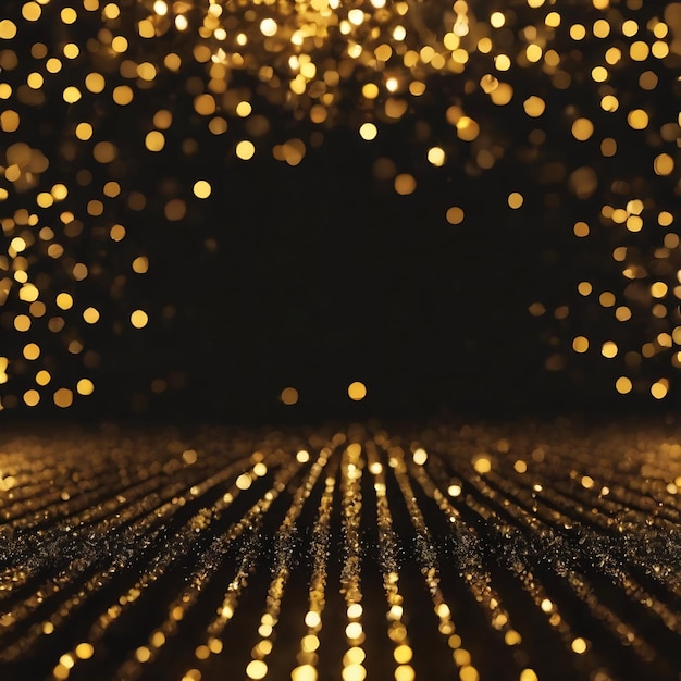 Blurred abstract golden sparkling lights background on black backdrop festive concept