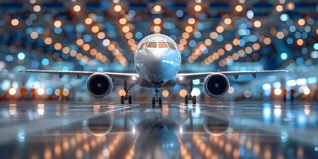 Blurred airplane backdrop in sophisticated airport lounge Detailed D visualization Concept Airport Lounge Airplane Backdrop Blurred Background 3D Visualization