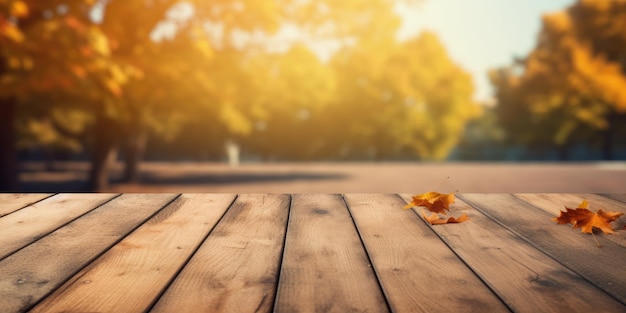 Photo blurred autumn background with wooden table