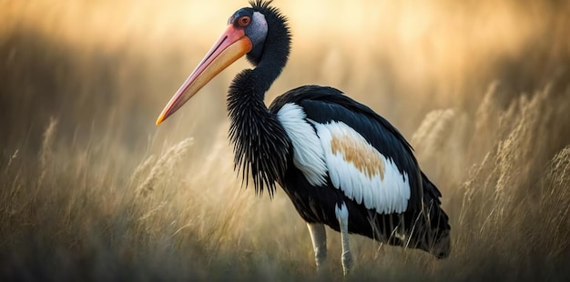 Blurred backdrop with a cute saddlebilled stork strolling across the grass