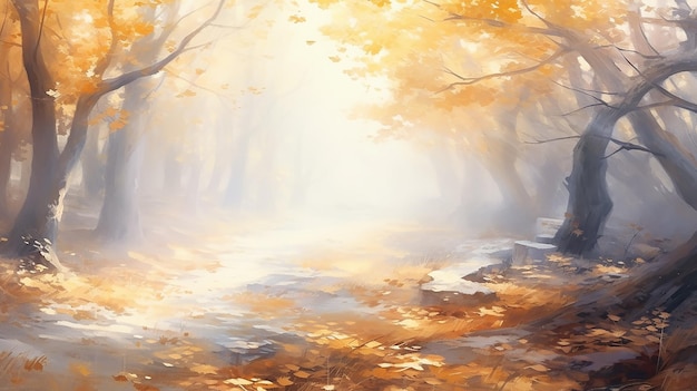 размытый фон в осеннем парке туманный утренний пейзаж с копировальным пространством.