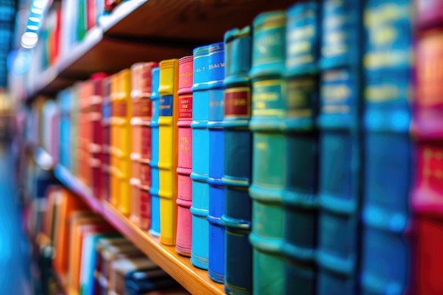 Photo blurred background of books on library bookshelf