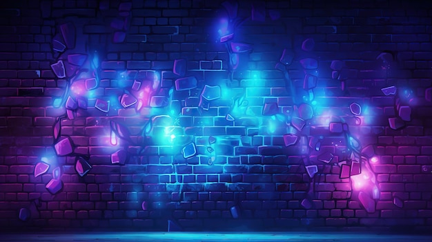 Photo blurred background of a brick wall with neon colorful lights defocused light bokeh in the background disco wall